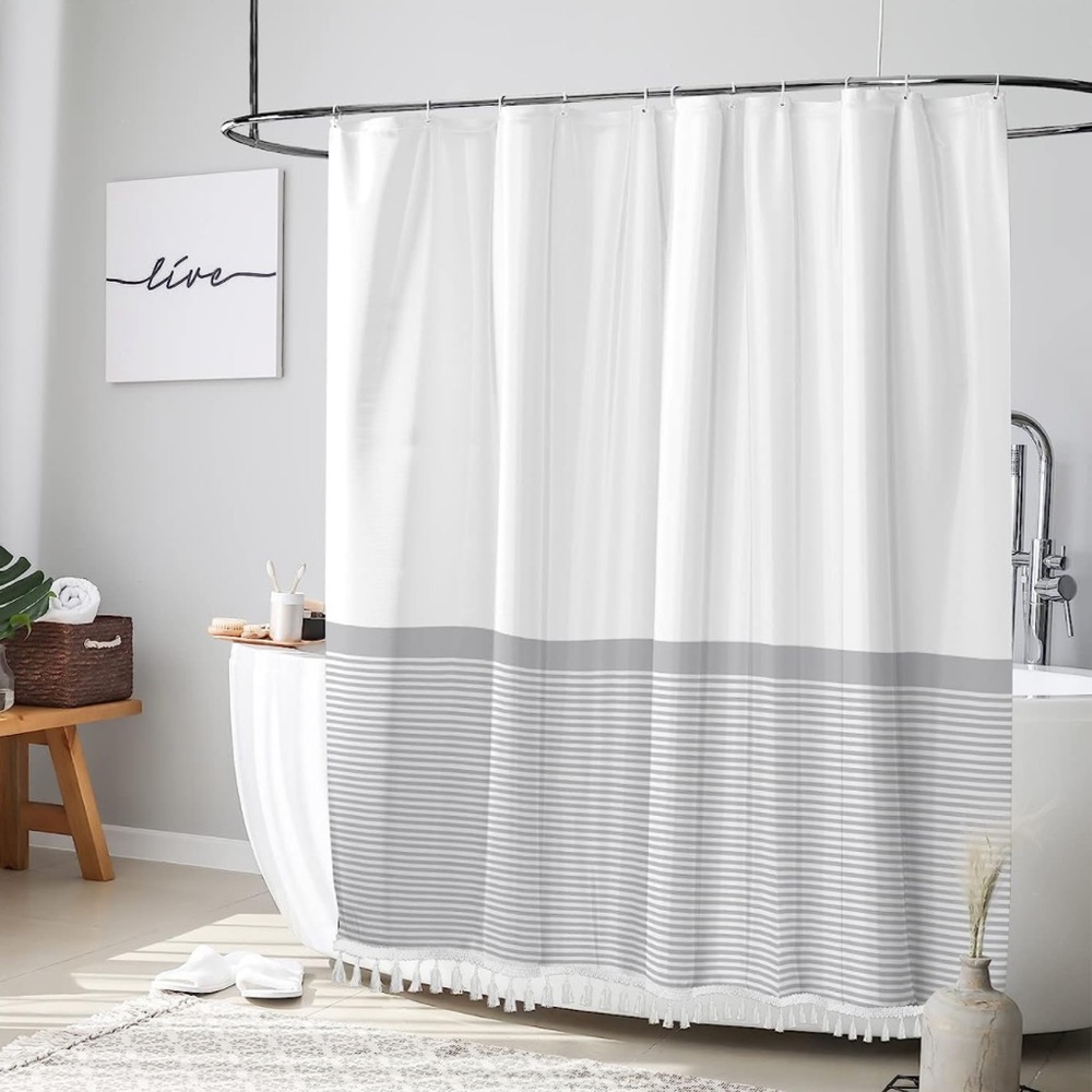 Shower Curtain White Modern Farmhoouse Shower Curtain with Tassels,Gray Striped